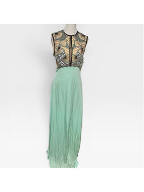 Vintage 70s Mint Green Sequin Beaded Maxi Dress Art Deco Goddess Gown